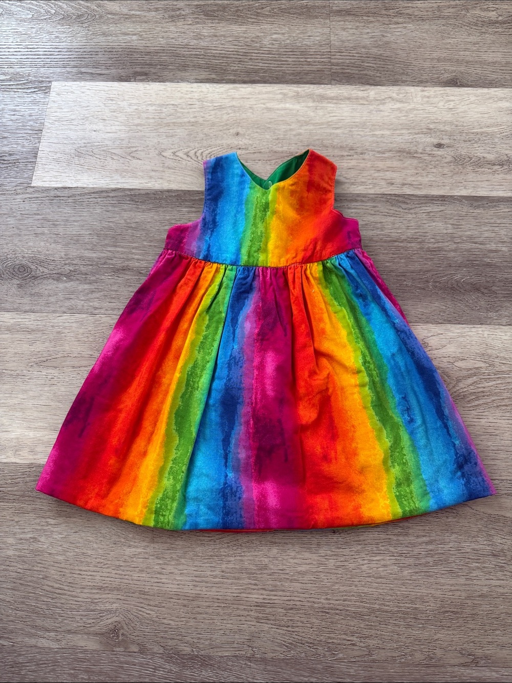 Girls Reversible Cotton Dress - One side Rainbow, one side Ireland Flag Stripe